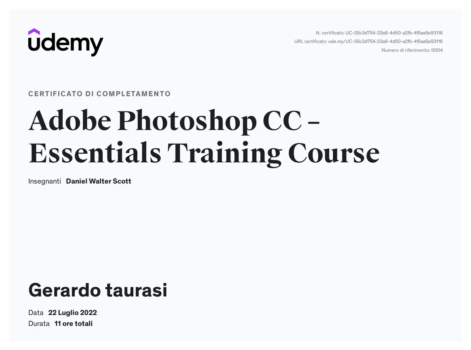 certificato del corso di photoshop di gerardo taurasi