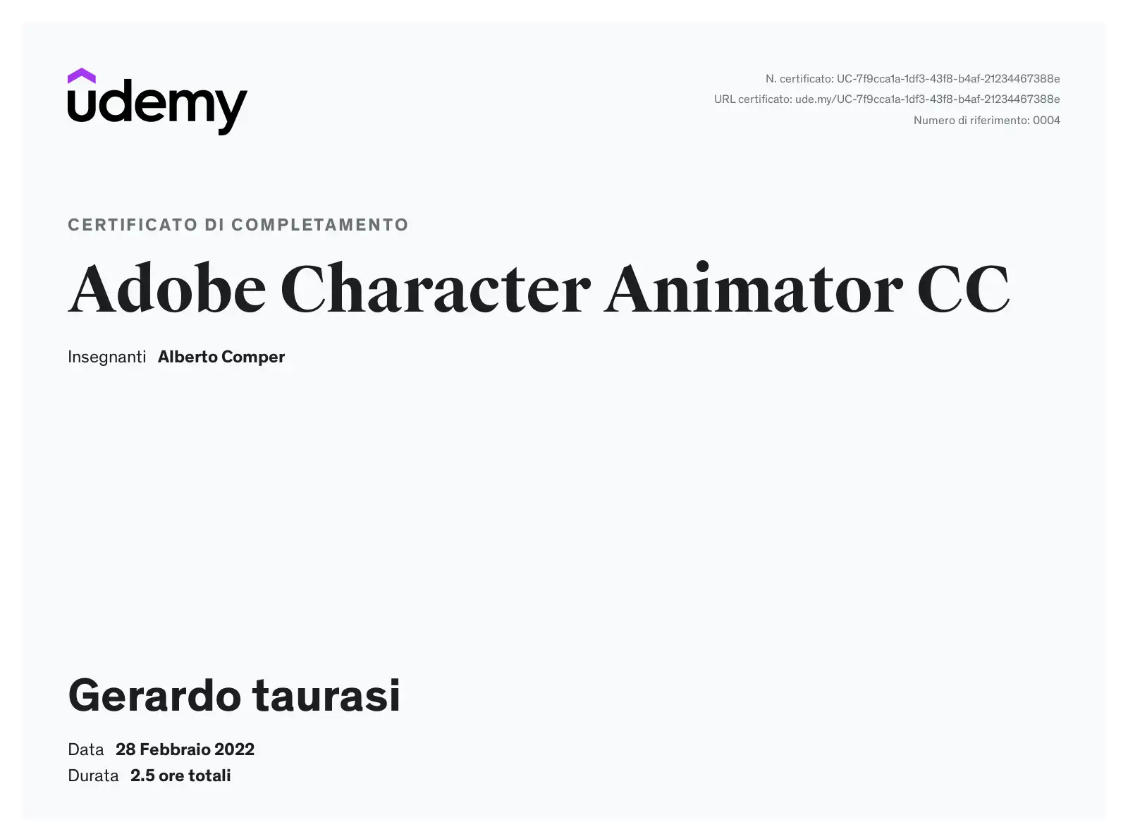 certificato del corso di character di gerardo taurasi