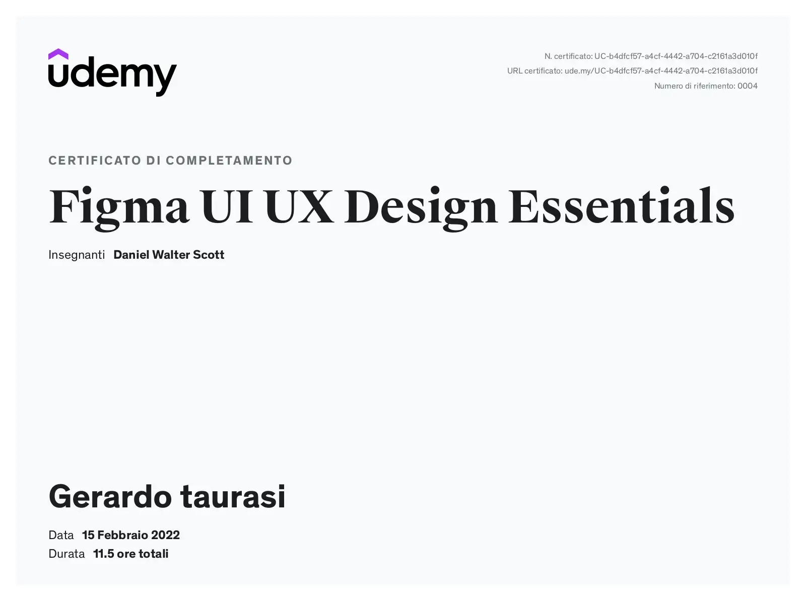 certificato del corso di figma di gerardo taurasi